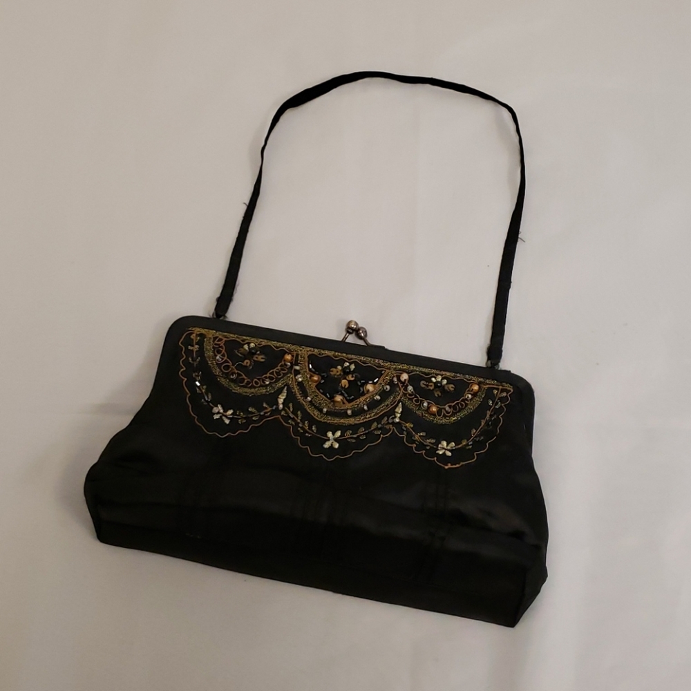 Satin Beaded Clasp Snap Close Purse Handbag Black Women's OS